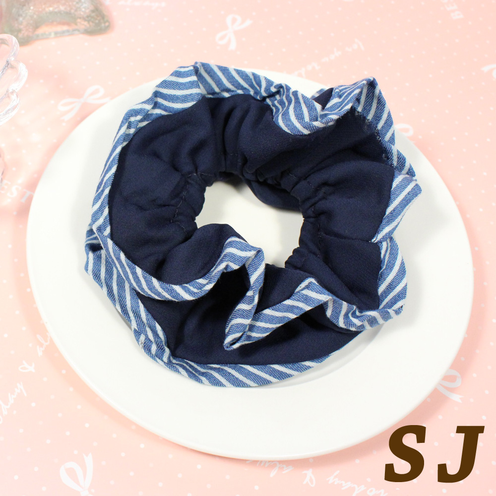 【SJ】經典條紋滾邊牛仔丹寧拼接圈束-質感藍