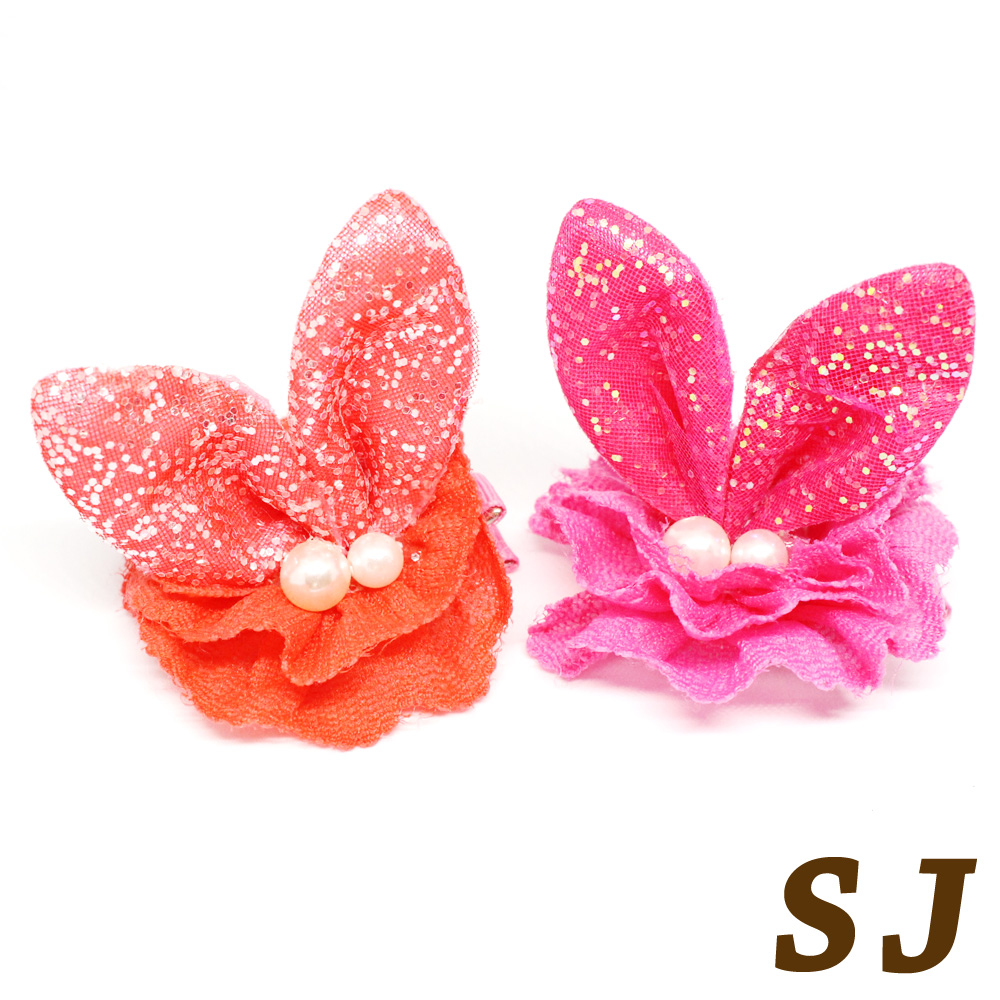 【SJ】立體亮片珍珠兔耳花邊造型壓夾-粉桃