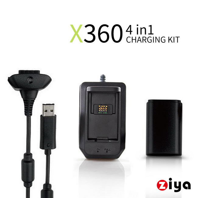 [ZIYA] XBOX360 遊戲手把/搖控手把 充電組合 4in1 (電池+座充+同步充電線)黑