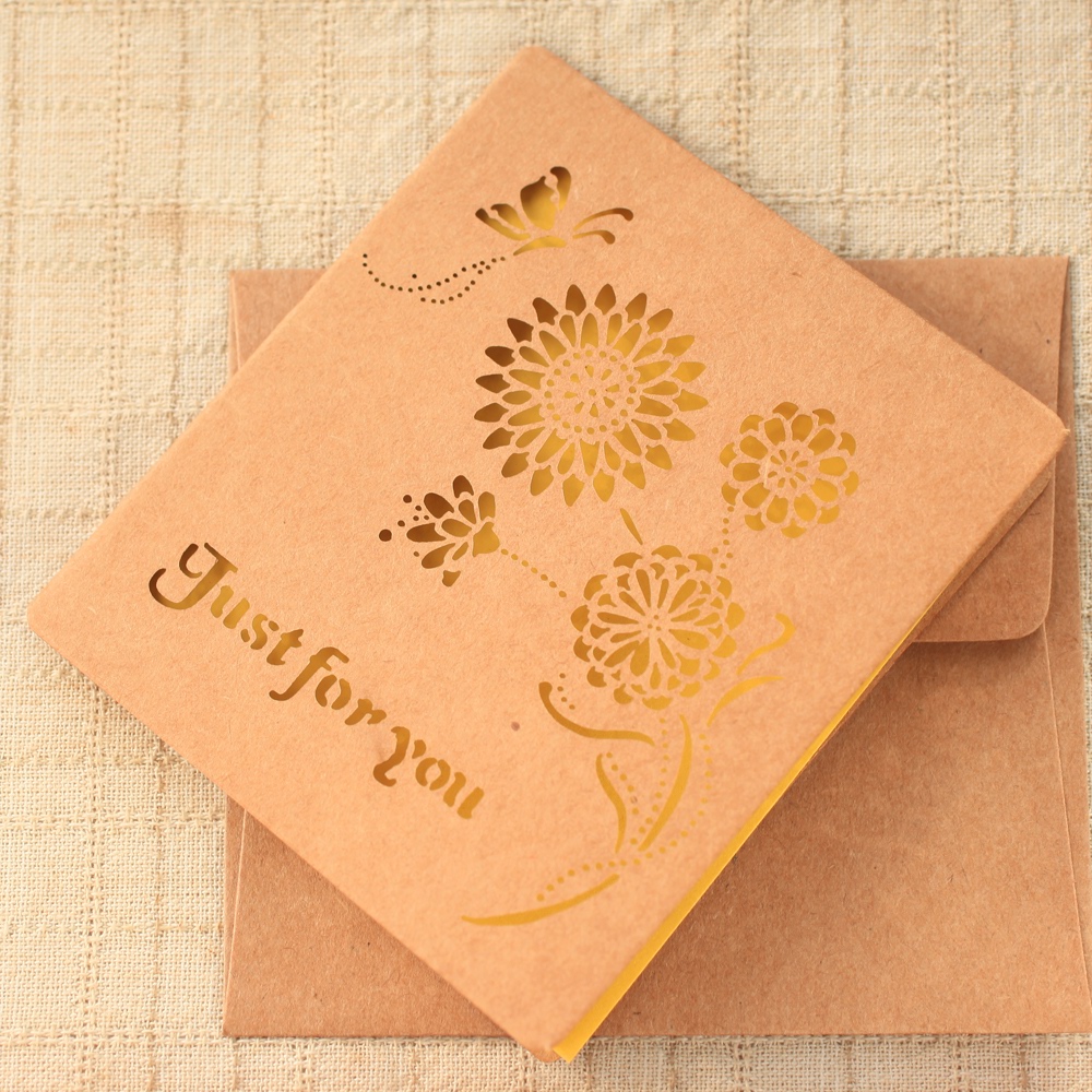 紙雕鏤空卡片‧黃色重瓣祝福卡