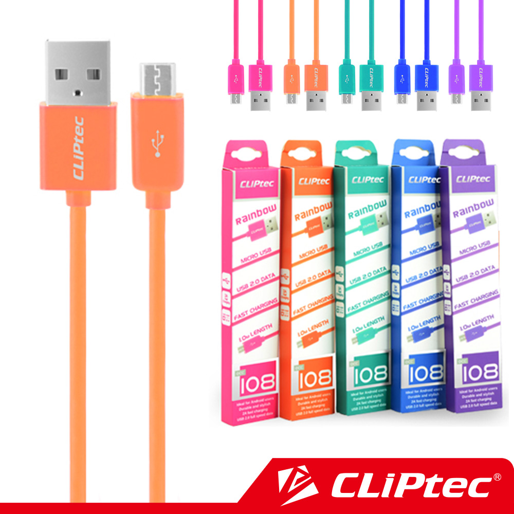 CLiPtec Rainbow Mirco USB 2A 快速充電傳輸線粉色