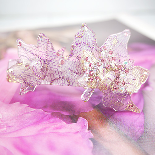 【PinkyPinky Boutique】蕾絲版 浪漫葉子 水鑽髮夾(紫色)