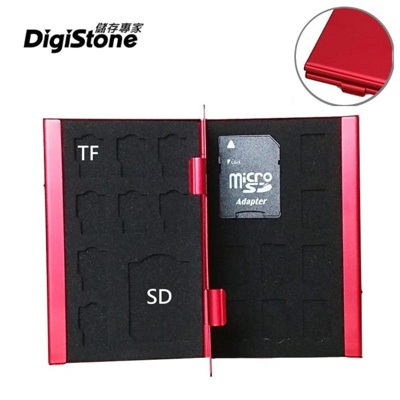 DigiStone 超薄型Slim鋁合金 18片裝雙層多功能記憶卡收納盒(2SD+16TF)-紅X1P