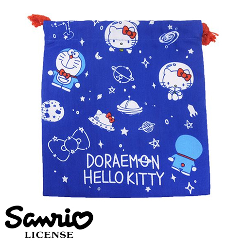 【日本進口正版】Hello Kitty x 哆啦A夢 聯名款 束口袋/收納袋 -藍色款