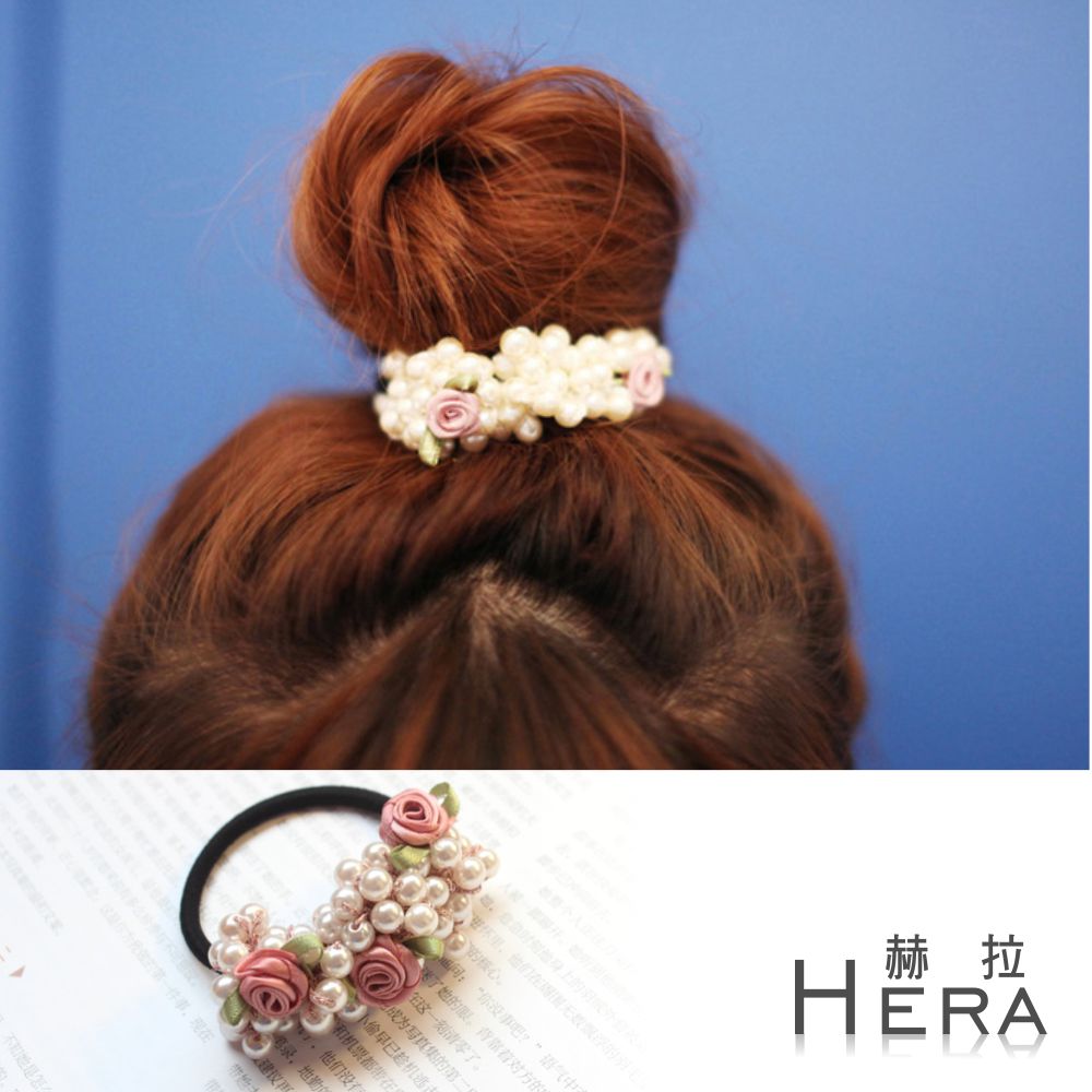 【Hera】赫拉 手工珍珠串珠小玫瑰髮圈/髮束-(兩色)(深粉色)