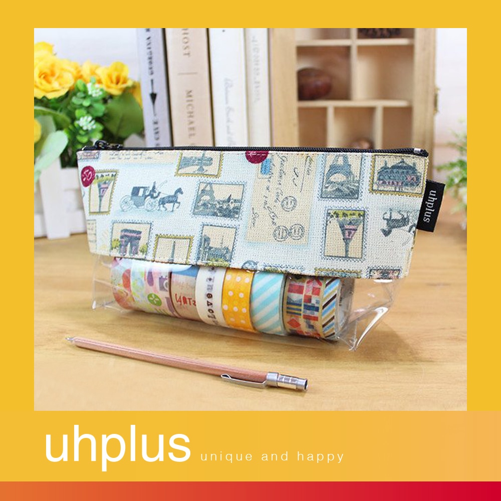 uhplus 透明寬底筆袋-巴黎郵票