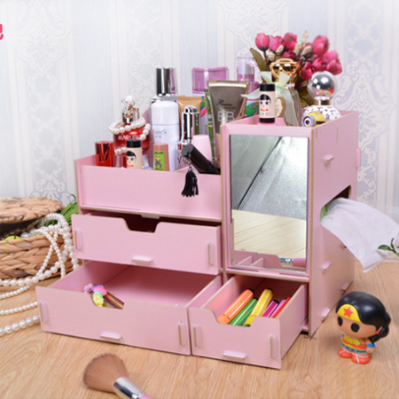 DIY帶鏡子三層梳妝收納盒(贈兔子手機支架)粉色