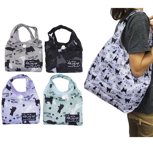 【日本進口正版】超人氣 貓咪 折疊 購物袋/環保袋/手提袋 防潑水  -黑色款