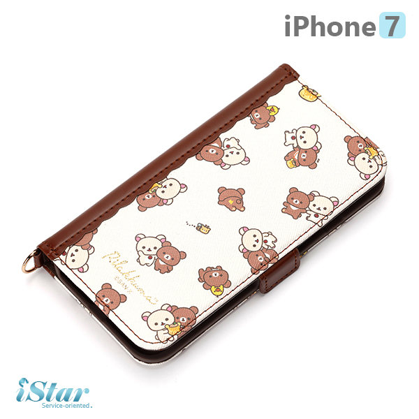 【日本 PGA-iJacket】iPhone7 正版San-X 皮革彩繪側翻式皮套 保護套 拉拉熊系列-懶熊好朋友