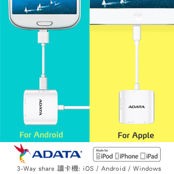 威剛ADATA Lightning Card Reader–蘋果認證三享iOS/Android/Windows讀卡機白