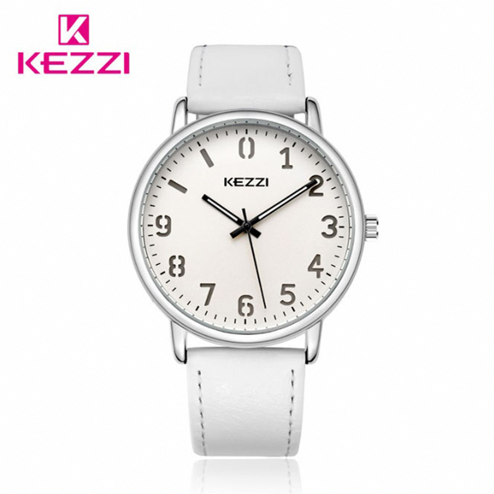 KEZZI 珂紫 K-1648 文青簡約低調數字錶面皮帶手錶-白
