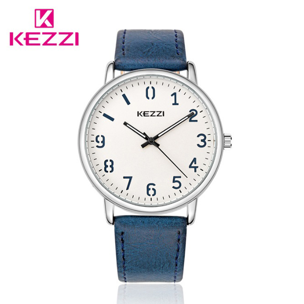 KEZZI 珂紫 K-1648 文青簡約低調數字錶面皮帶手錶-藍