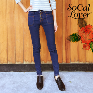 SoCal 深藍復古時尚風中腰排扣雙口袋激瘦包腿窄管褲XL深藍