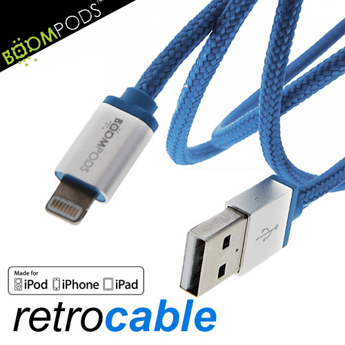 BOOMPODS retrocable MFI Lightning USB Apple認證 iPhone5/6充電傳輸線天藍