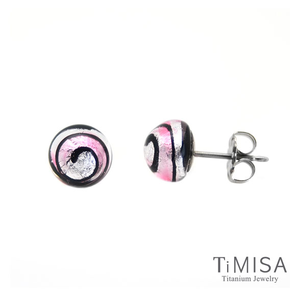 【TiMISA】轉轉繽紛 (五色) 琉璃純鈦耳環一對粉紅