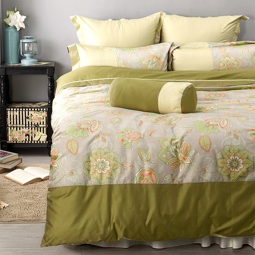 LITA麗塔 波隆那-綠花303織精梳棉床包薄被套枕套四件式-雙人