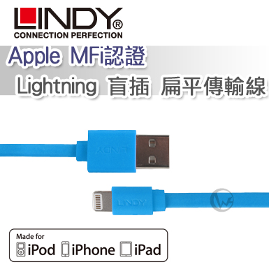 LINDY 林帝 Apple MFi認證 Lightning 盲插 扁平傳輸線 藍色 (31391)藍色
