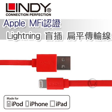 LINDY 林帝 Apple MFi認證 Lightning 盲插 扁平傳輸線 橘色 (31394)橘色
