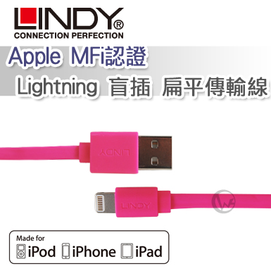 LINDY 林帝 Apple MFi認證 Lightning 盲插 扁平傳輸線 粉色 (31395)粉色