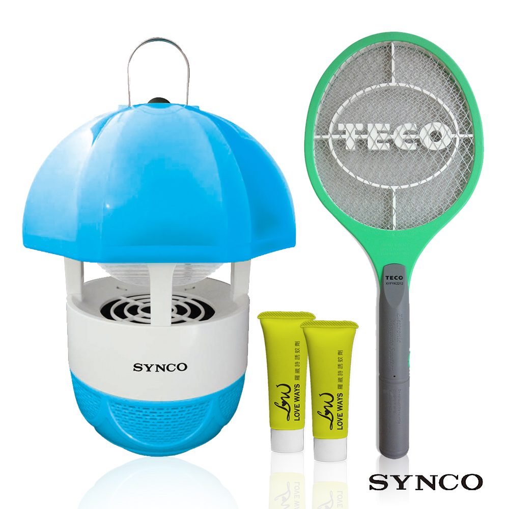 SYNCO新格LED吸入式捕蚊燈X1+東元電池式電蚊拍X1贈羅崴詩誘蚊劑X2