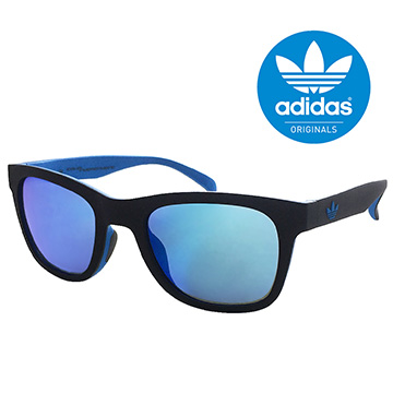 【adidas 愛迪達】潮流三葉草LOGO方框太陽眼鏡/運動眼鏡#黑藍色-水銀藍鏡(004009027)