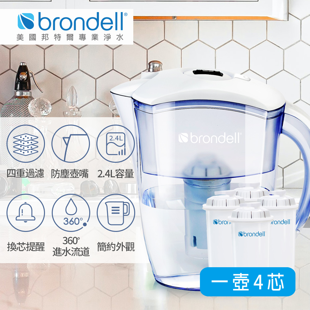 【美國Brondell】H2O+ 長效濾水壺＋長效濾芯4入（2色可選）白色
