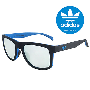 【adidas 愛迪達】潮流三葉草LOGO方框太陽眼鏡/運動眼鏡#黑藍框-水銀鏡面(000009027)