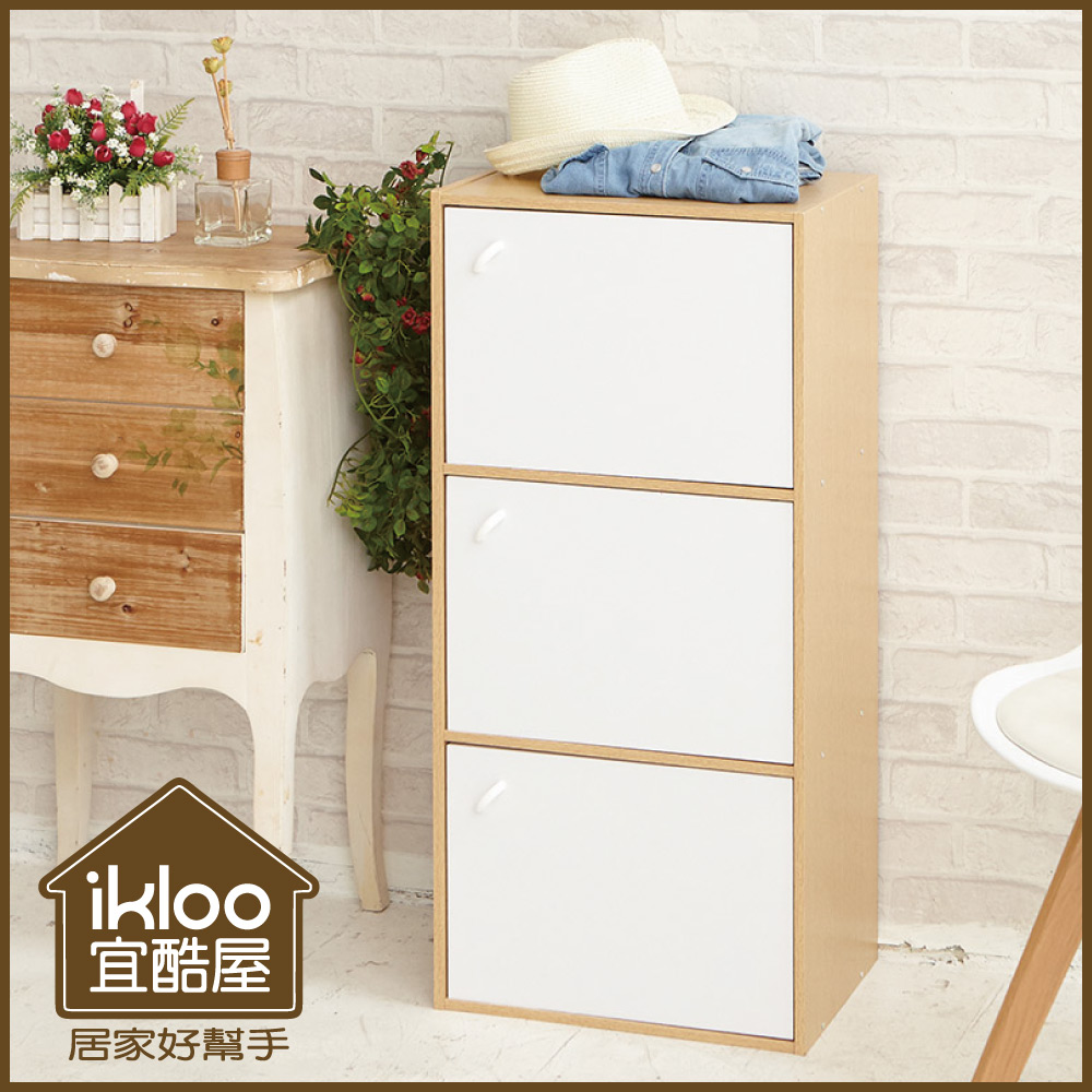 【ikloo】簡約木紋三門收納櫃/置物櫃-白門