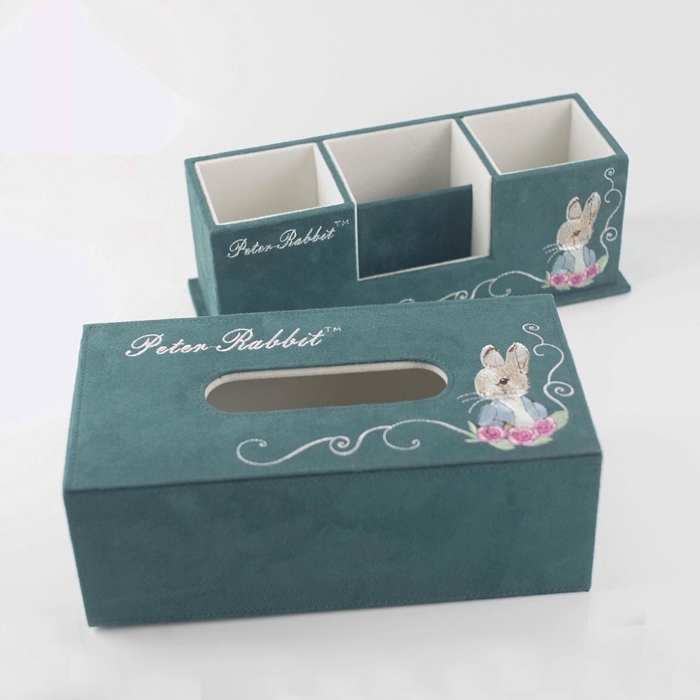 【U】Peter Rabbit 比得兔 - 比得兔古典刺繡收納組(面紙盒+置物盒,三色可選) - 綠色