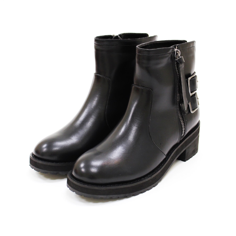 【U】NUOVO - 時尚後扣裝飾拉鍊中筒靴(女款,二色可選)JPN23.5 - 黑色