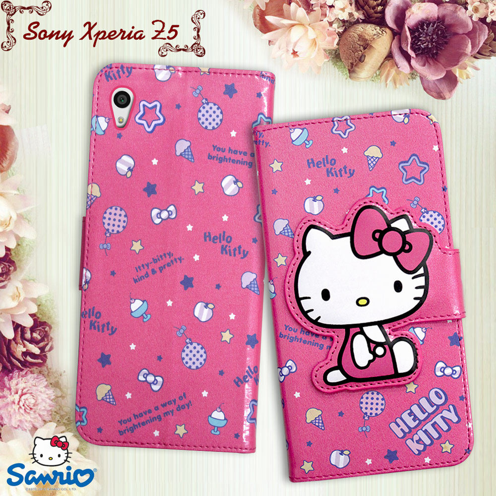 三麗鷗授權 Hello Kitty 凱蒂貓 SONY Xperia Z5 5.2吋 閃粉絲紋彩繪皮套(甜點桃)