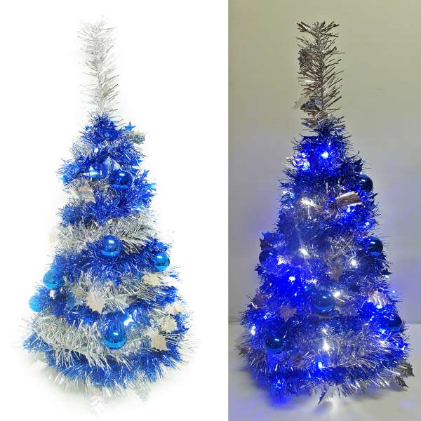 2尺/2呎(60cm)創意彈簧摺疊銀色聖誕樹 (藍銀裝飾色系) +50燈LED燈插電式一串(藍白光)YS-FTR02302