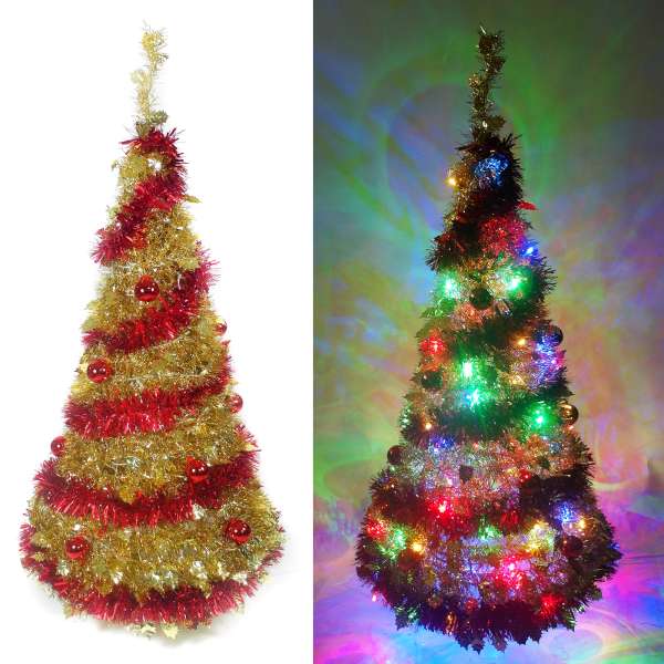 4尺/4呎(120cm) 創意彈簧摺疊金色聖誕樹 (紅金裝飾色系) +100燈LED燈插電式一串(彩光)YS-FTR04303