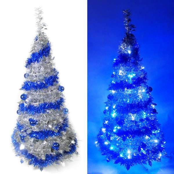 4尺/4呎(120cm) 創意彈簧摺疊銀色聖誕樹 (藍銀裝飾色系) +100燈LED燈插電式一串(藍白光)YS-FTR04304