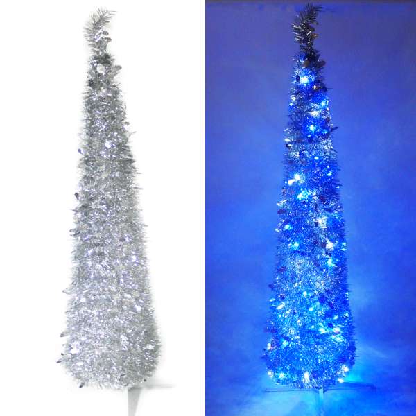 6尺/6呎(180cm) 彈簧摺疊銀色哈利葉瘦型鉛筆樹聖誕樹 (+LED100燈藍白光一串)YS-FTP60003
