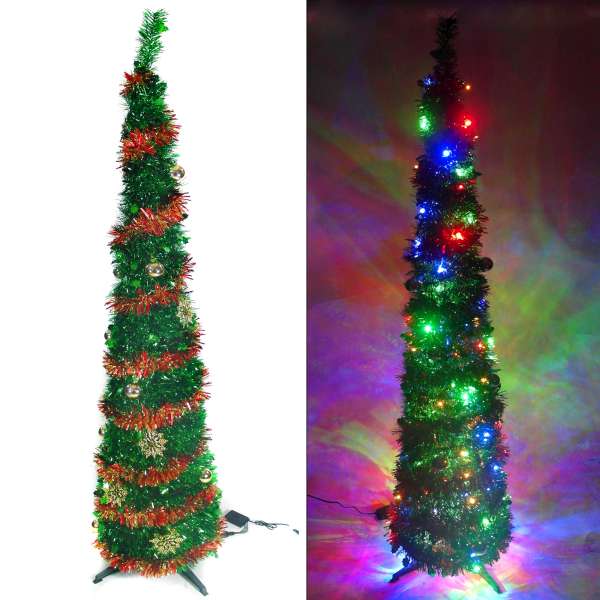 6尺/6呎(180cm) 彈簧摺疊綠色哈利葉瘦型鉛筆樹聖誕樹 (+LED100燈四彩光一串+紅系吊飾品組)YS-FTP60005