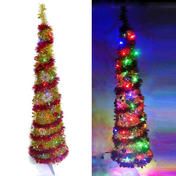 6尺/6呎(180cm) 彈簧摺疊金色哈利葉瘦型鉛筆樹聖誕樹 (+LED100燈四彩光一串+紅系吊飾品組)YS-FTP60006