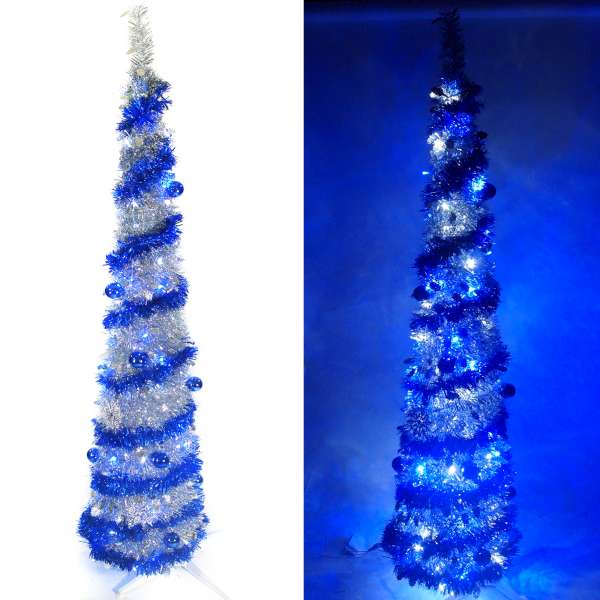 6尺/6呎(180cm) 彈簧摺疊銀色哈利葉瘦型鉛筆樹聖誕樹 (+LED100燈藍白光一串+藍系吊飾品組)YS-FTP60007