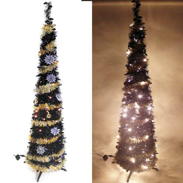 6尺/6呎(180cm) 彈簧摺疊黑色哈利葉瘦型鉛筆樹聖誕樹 (+LED100燈暖白光一串+金系吊飾品組)YS-FTP60008