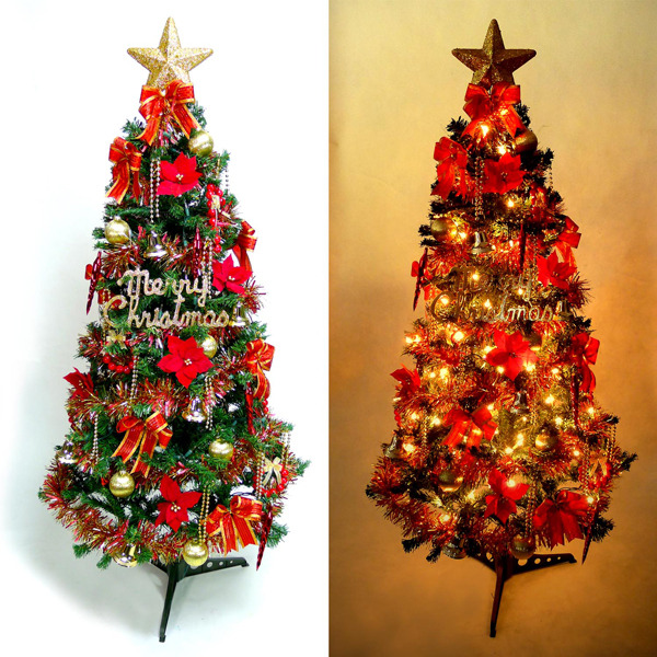 幸福6尺/6呎(180cm)一般型裝飾綠聖誕樹  (紅金色系配件)+100燈鎢絲樹燈2串YS-GTC06101