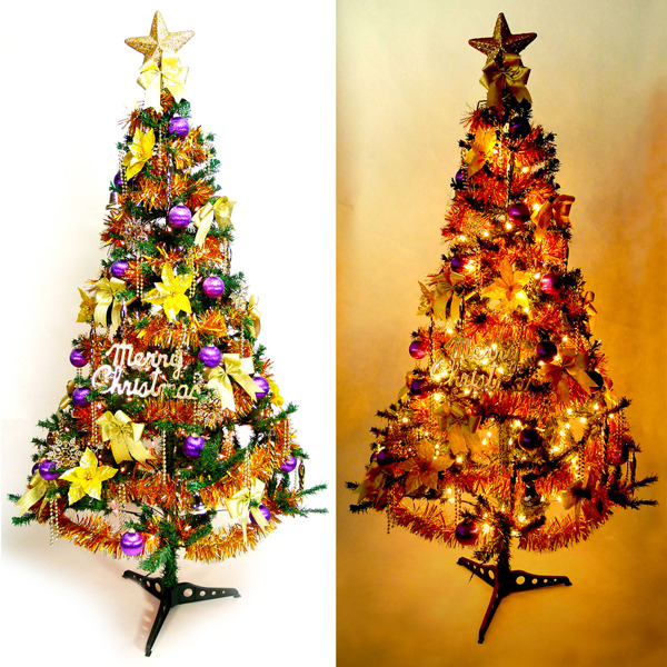 幸福6尺/6呎(180cm)一般型裝飾綠聖誕樹  (+金紫色系配件)+100燈鎢絲樹燈2串YS-GTC06102