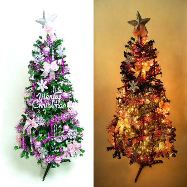 幸福6尺/6呎(180cm)一般型裝飾綠聖誕樹  (+銀紫色系配件)+100燈鎢絲樹燈2串YS-GTC06103