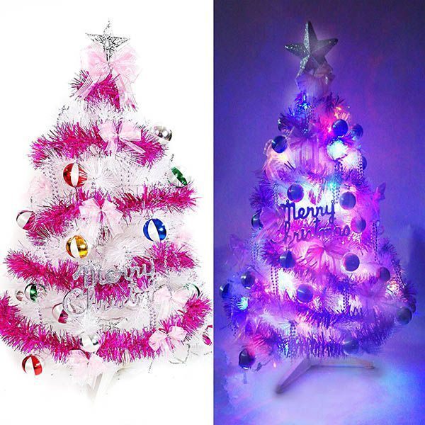 台灣製3尺(90cm)特級白色松針葉聖誕樹 (繽紛馬卡龍粉紫色系)+100燈LED燈串(附控制器跳機)-粉紅光YS-WPT03302