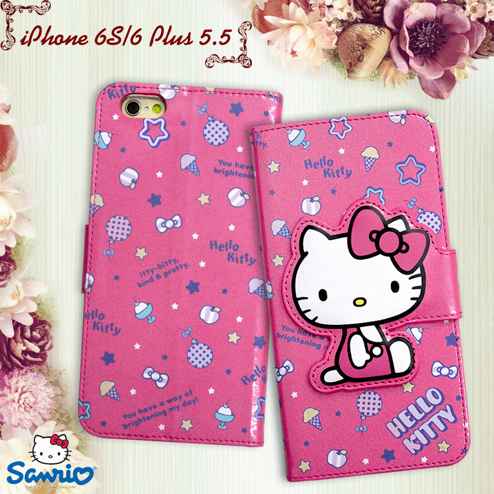 三麗鷗授權 Hello Kitty 凱蒂貓 iPhone 6s / 6 Plus 5.5吋 閃粉絲紋彩繪皮套(甜點桃)