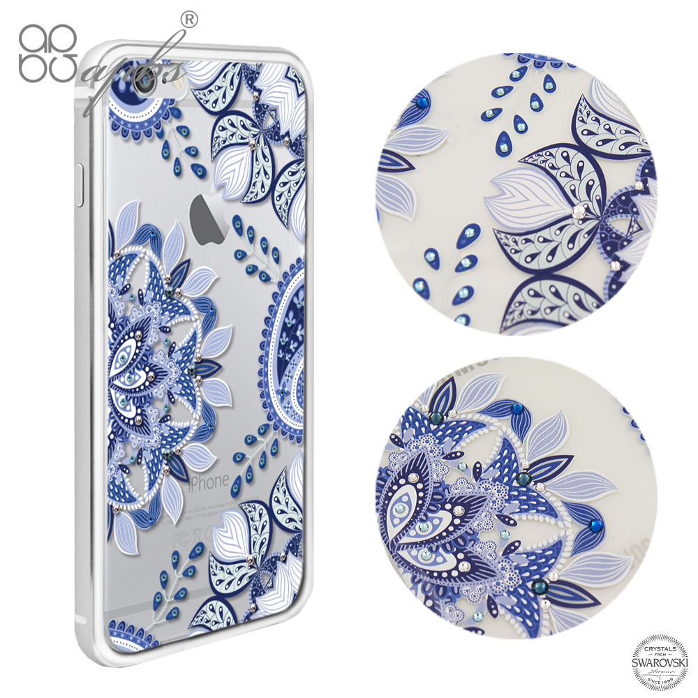 apbs iPhone6s /6 PLUS 5.5吋 施華洛世奇彩鑽鋁合金屬框手機殼-銀色青花瓷