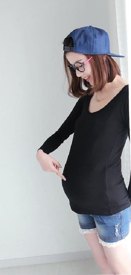 孕婦莫代爾無鋼圈帶胸墊打底衫棉T恤女長袖上衣彈力顯瘦XL黑色