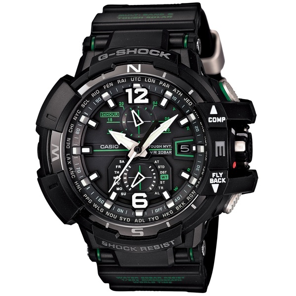 【G-SHOCK】烈火古戰士超強太陽能電波個性運動腕錶-黑+綠元素-GW-A1100-1A3