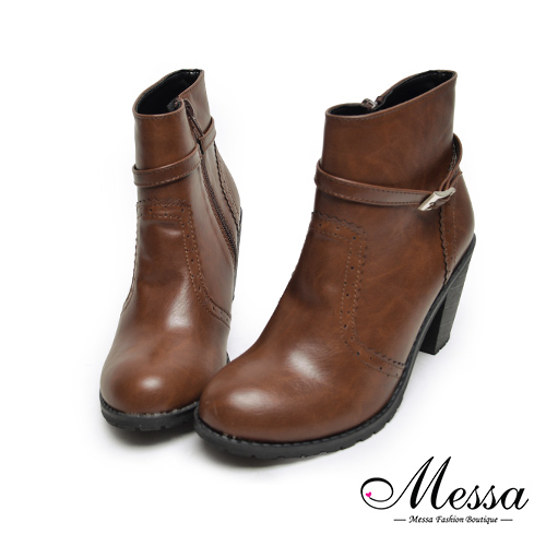 【Messa米莎專櫃女鞋】MIT復古滾邊皮帶造型皮革高跟踝靴37咖啡色