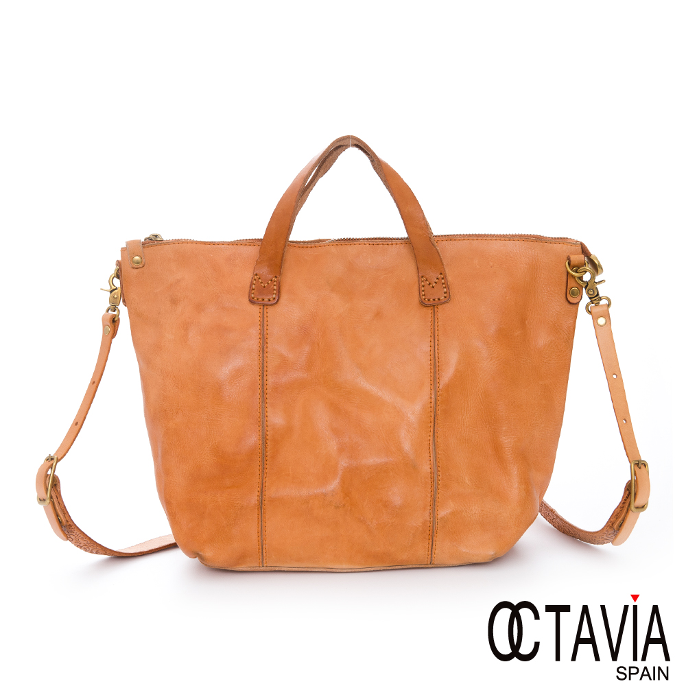 OCTAVIA 8 真皮 - 設計家 牛皮復古皺褶 手提斜背二用公事包 - 原色棕