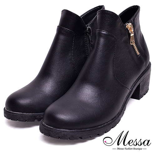 【Messa米莎專櫃女鞋】MIT簡約百搭金屬拉鍊造型方跟踝靴36黑色